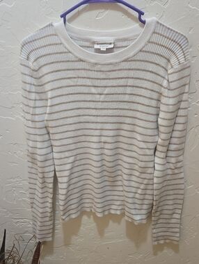 bobeau Cream and Tan Striped Crewneck Sweater